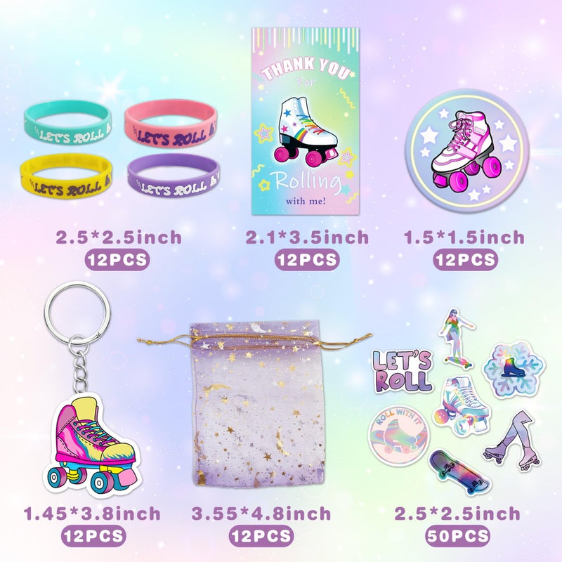 Tazimi 110 PCS Roller Skate Party Favors Skating Party Supplies with Key Chains Button Pins Stickers Rubber Bracelets for Hip Hop Disco 80s 90s Themed Party (style 1) - Image 2
